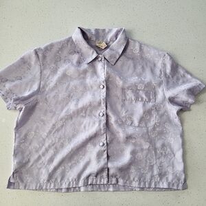 Vintage Y2K Satin Crop Blouse Lilac Floral Button Up Soft Girl M